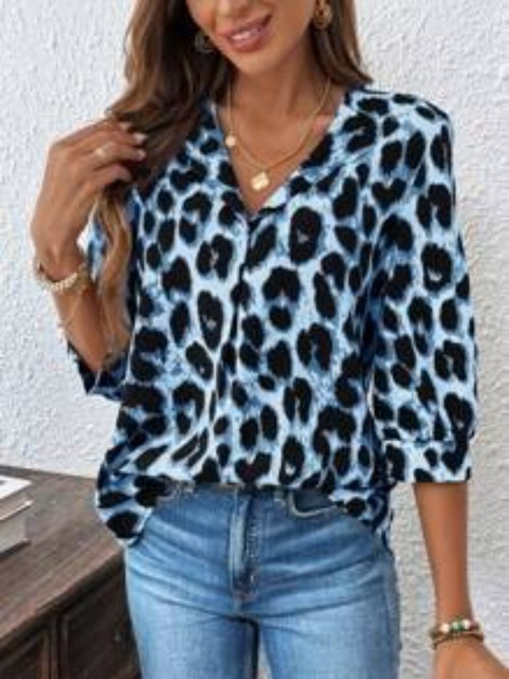 SHEIN Leopard Print V-Neck Blouse XL | Blue Black Animal Print Hi-Low Top